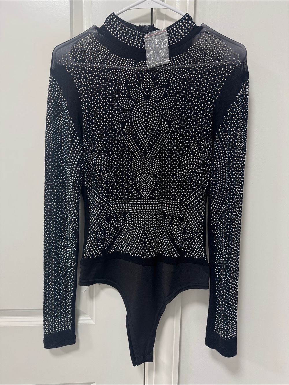 Embellished Black Long-Sleeve Bodysuit with Rhinestone Detail